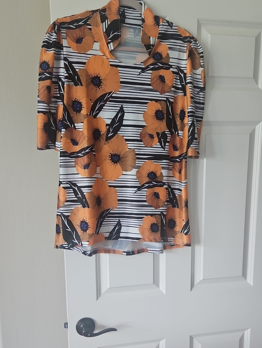 Women’s Orange Floral Stripe Short Sleeve Tee by